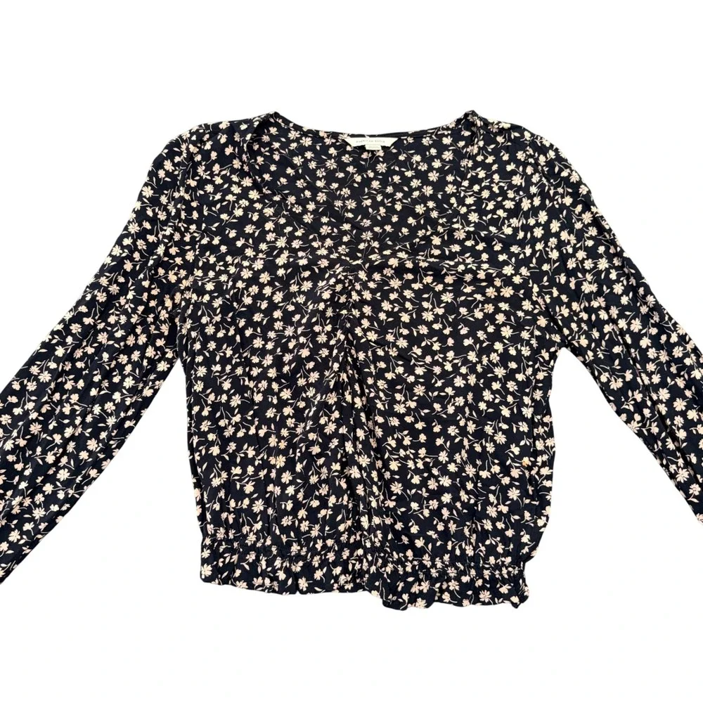 American Eagle Womens Small Black Floral Long Sleeve V-Neck Elastic Hem Blouse - Picture 2 of 9